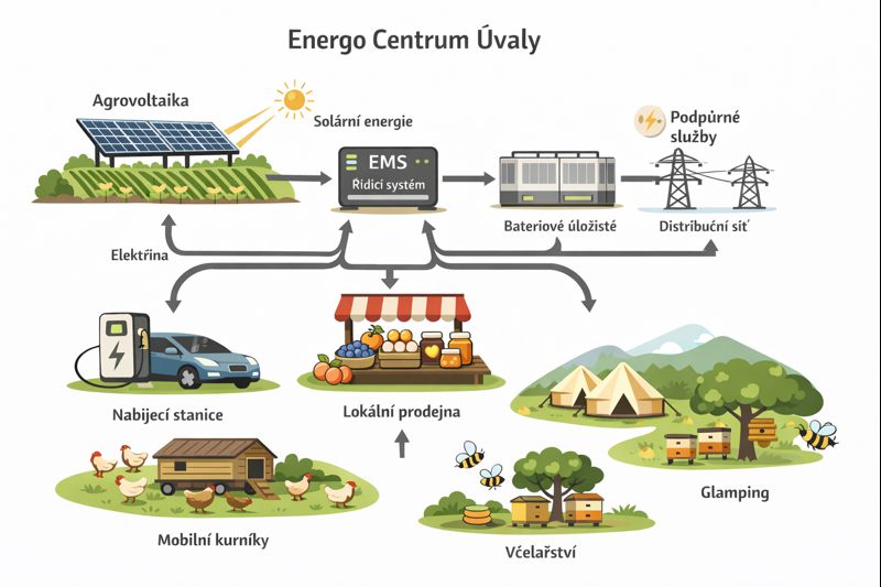 Schéma toku energie v Energo Centru Úvaly: agrovoltaika, EMS, bateriové úložiště, distribuční síť, nabíjecí stanice, lokální prodejna, mobilní kurníky, glamping a včelařství